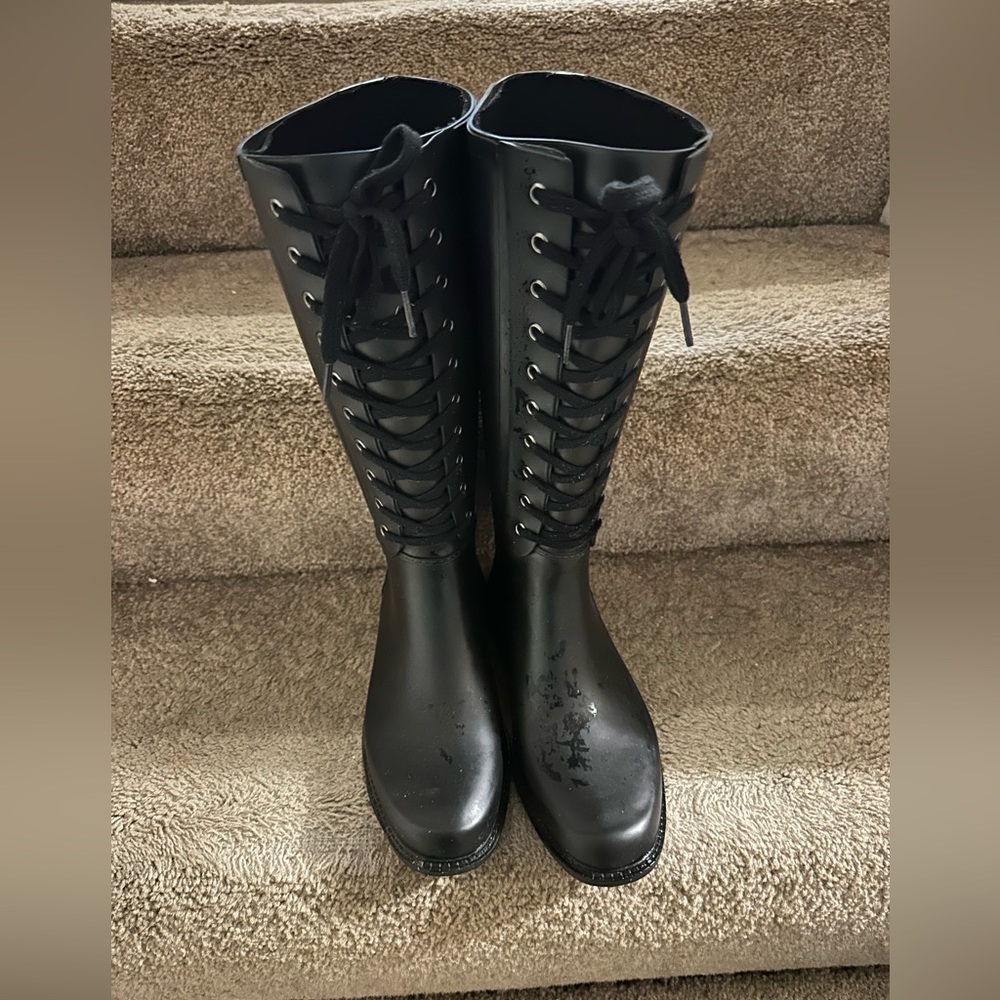 Merona Black Knee-High Lace-Up Rain Boots